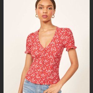 Reformation Allegra Red Floral Blouse Top